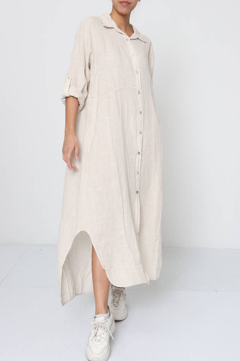 chinese dress ladies Linen Long Shirt Dress Beige
