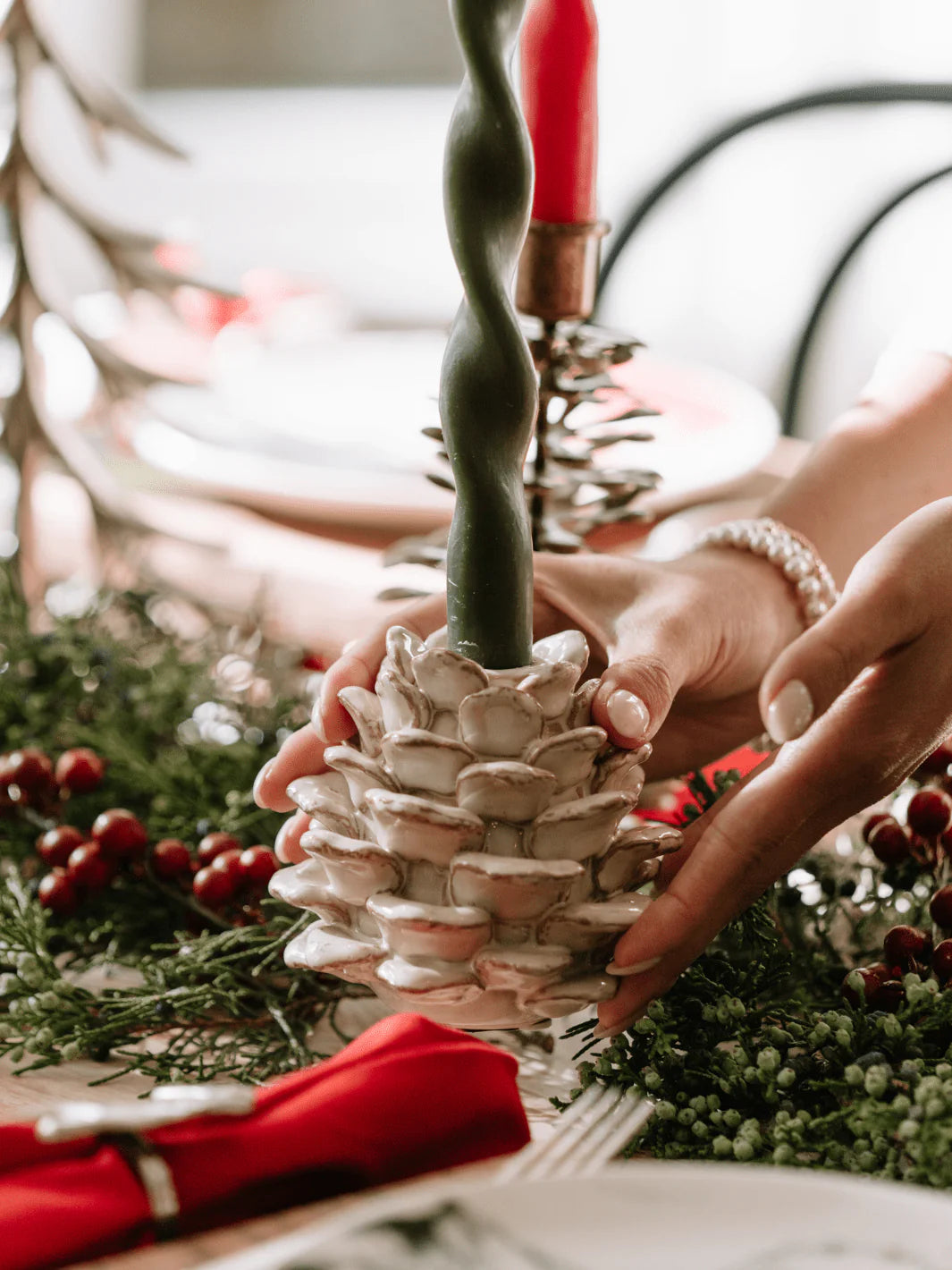 Cream Pinecone Taper Holder