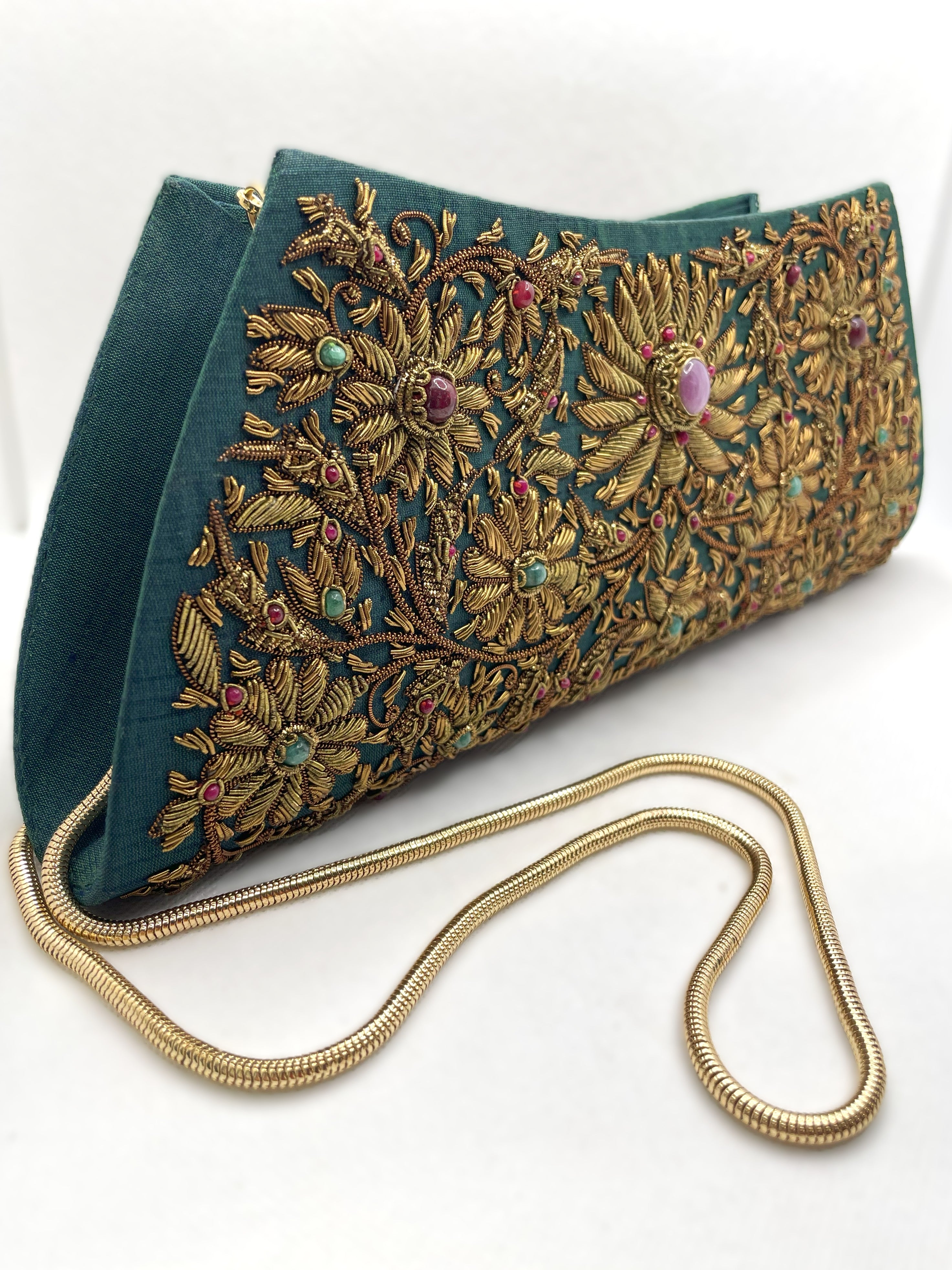 Hunter Green Silk Boat Clutch