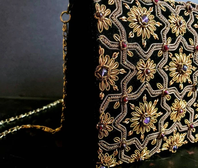 Black Silk Antique Gold Clutch