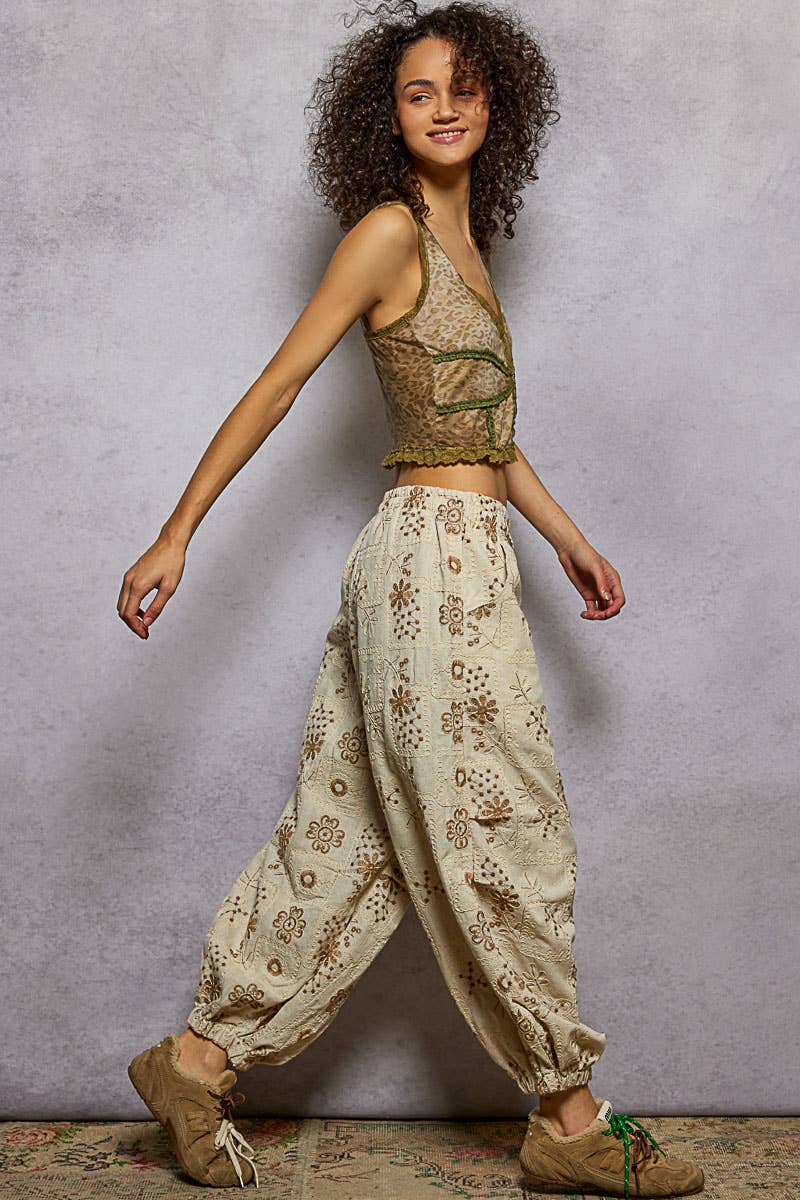 Floral embroidery quilted jogger pants