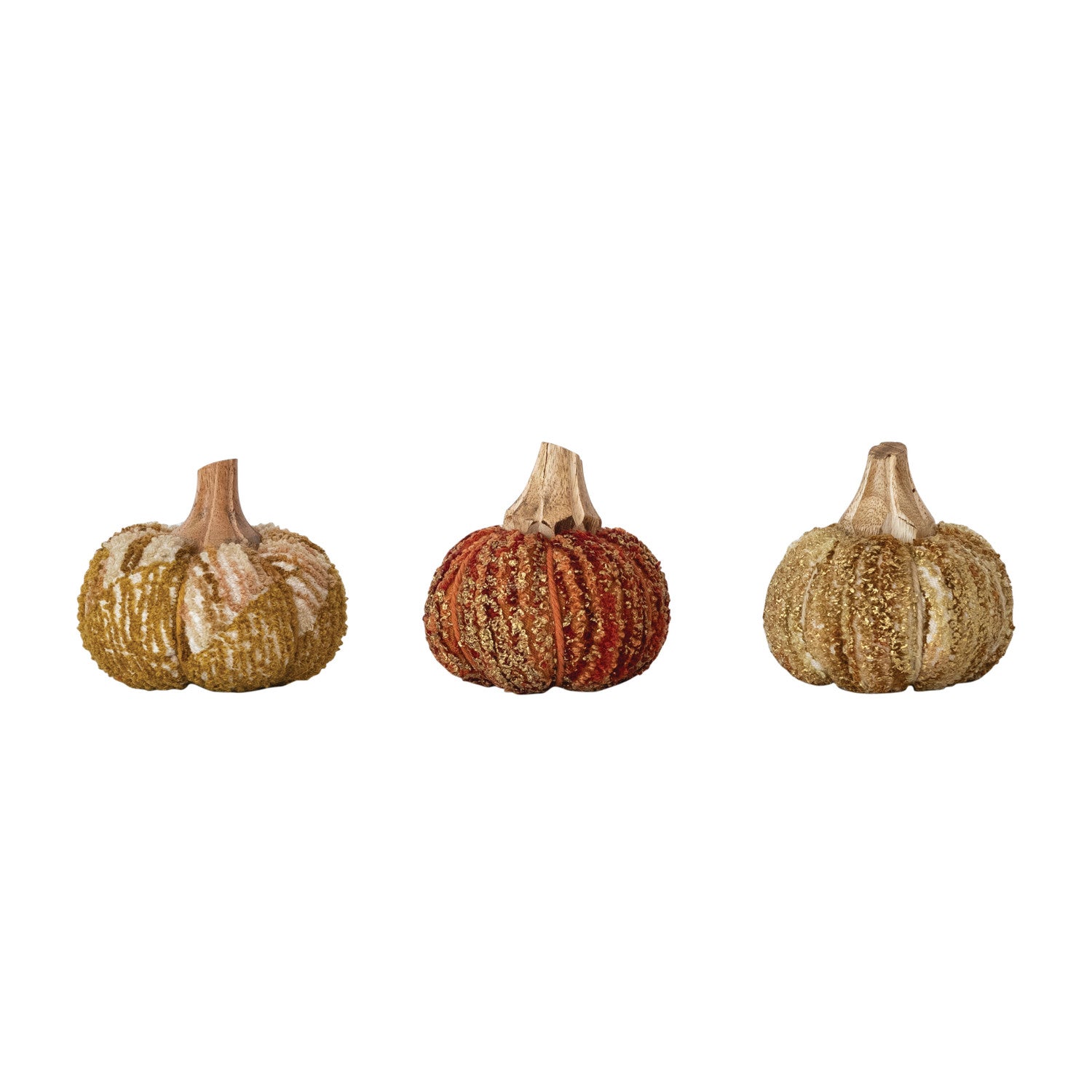 Handmade Cotton, Fabric Chenille & Mango Wood Pumpkin, 3 Styles