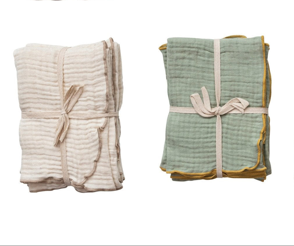 Woven Cotton Double Cloth Napkins w/ Contrasting Stitched Edge, 6 Colors, Set of 4