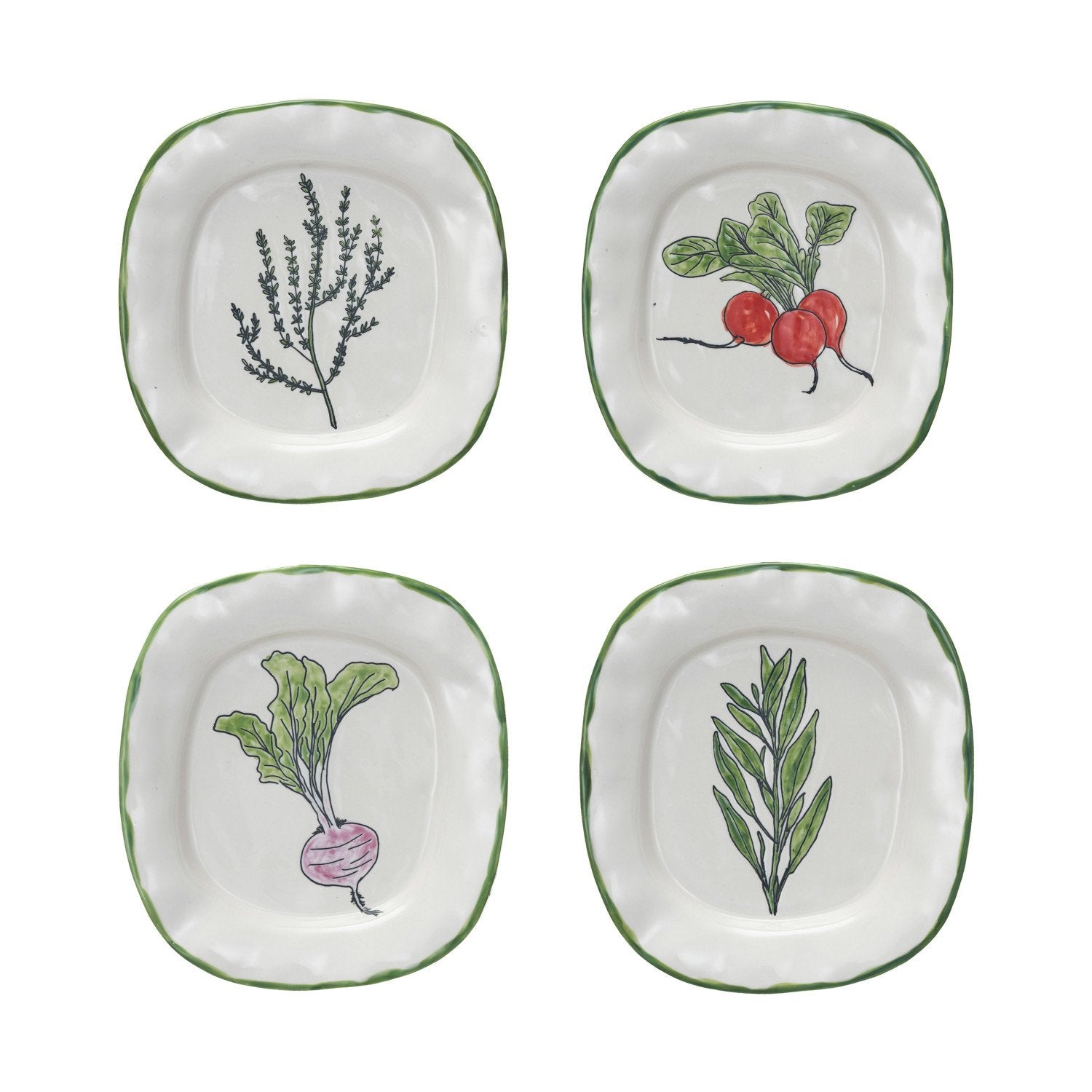 Hand-Painted Stoneware Plate w/ Vegetable/Herb & Green Rim, 4 Styles