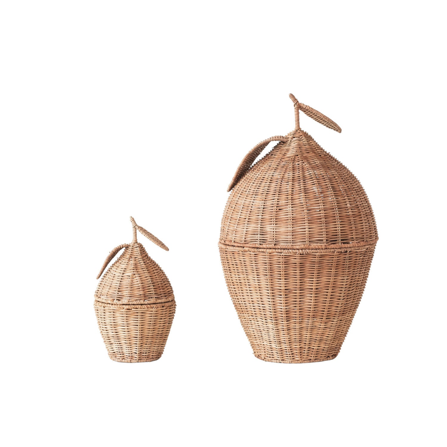 Hand-Woven Rattan Lemon Shaped Baskets w/ Lids, Set of 2