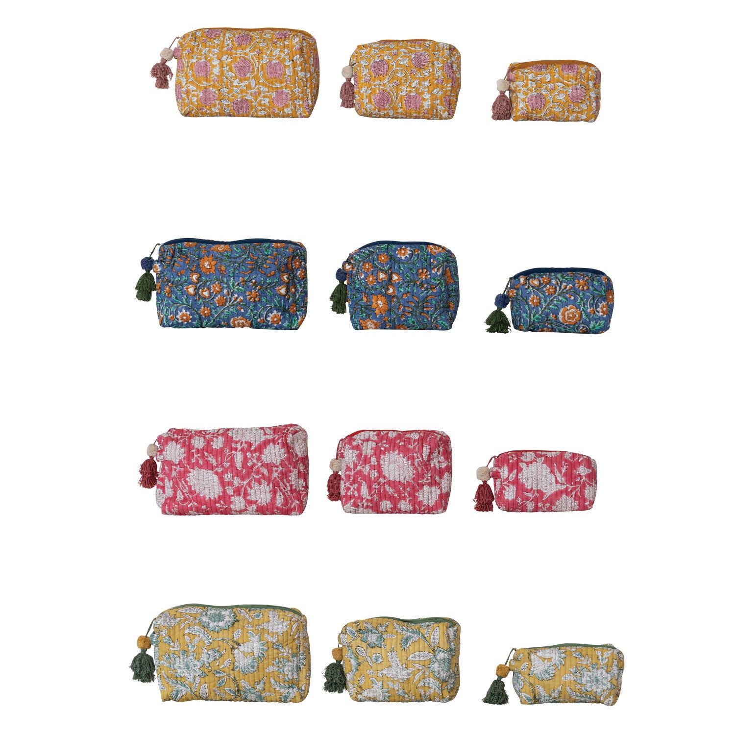 Quilted Cotton Voile Block Zip Pouches with Interior Lining, Set of 3, 4 Colors