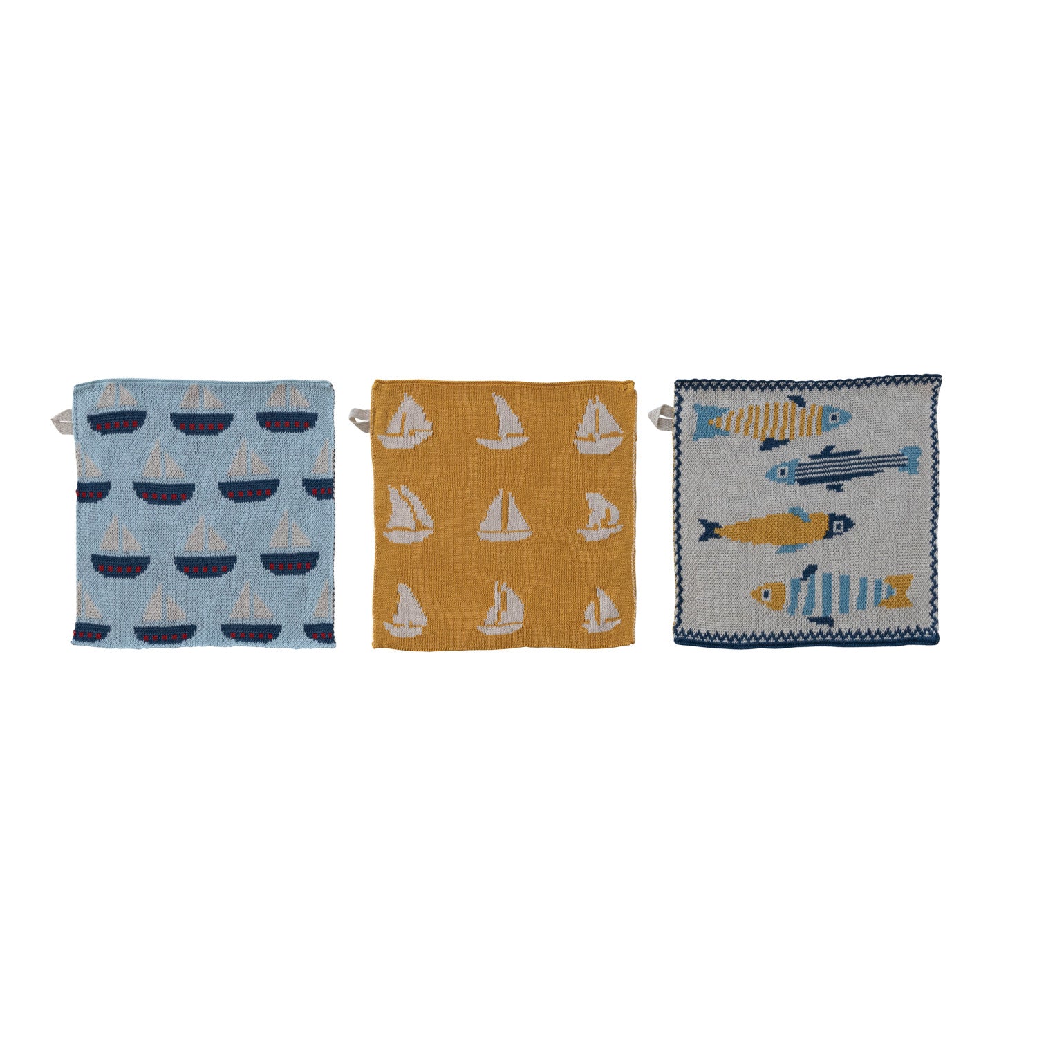 Cotton Knit Dish Cloth with Fish/Boat Pattern, 3 Styles