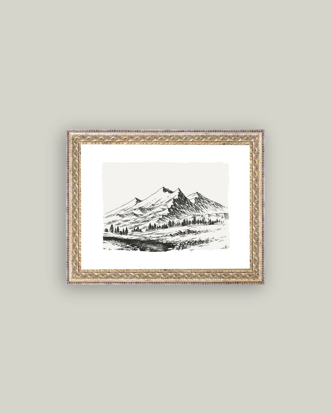 Pencil Sketch Mountains Framed Antique Art