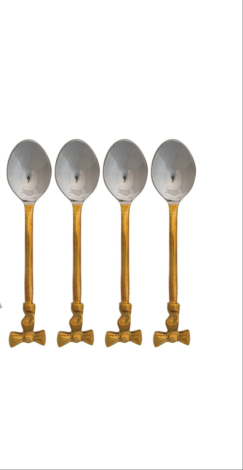 Coffee Spoons with Gold Finish Bow Handles, Set of 4 in Drawstring Bag