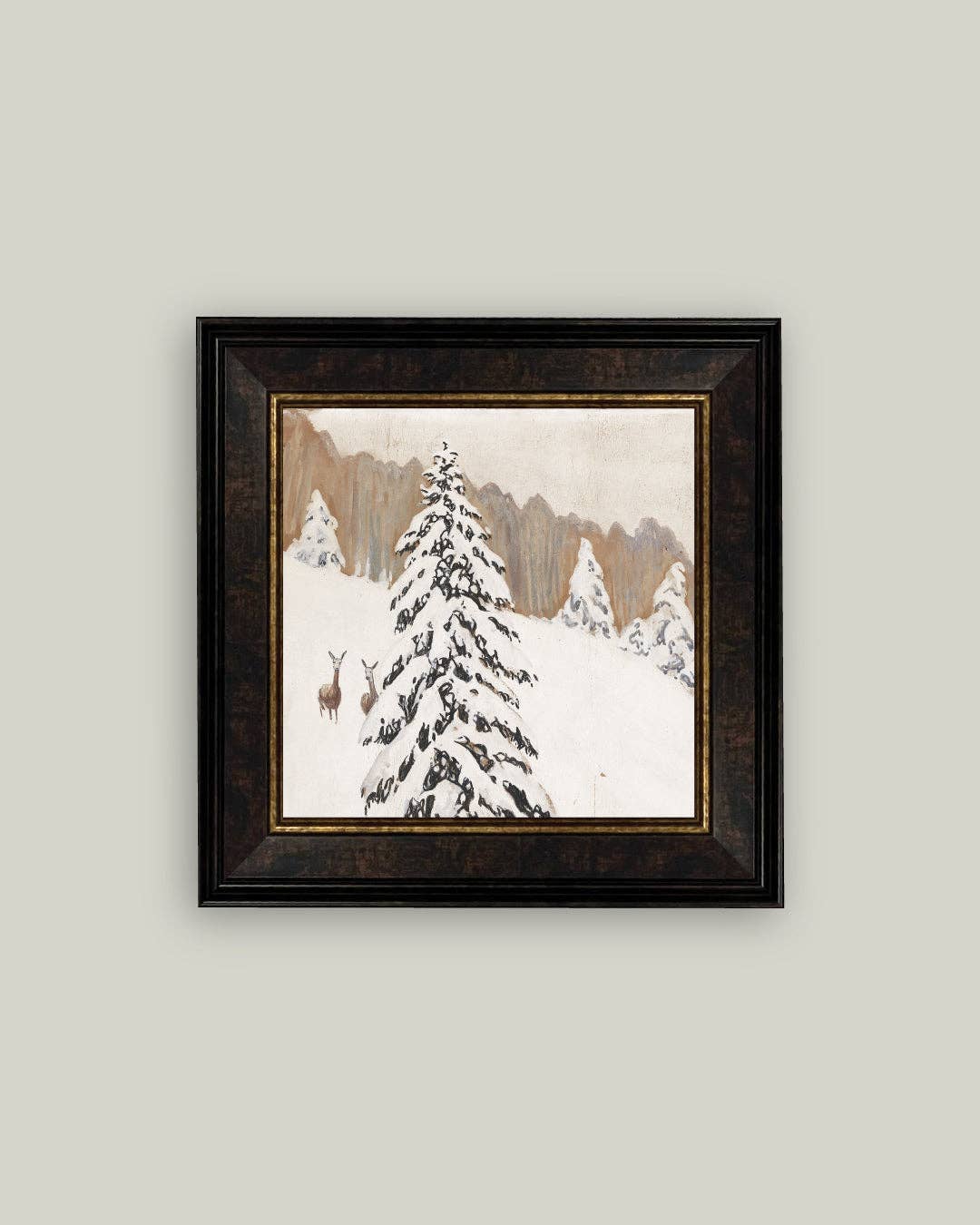 Snowy Pine Tree Framed Antique Art