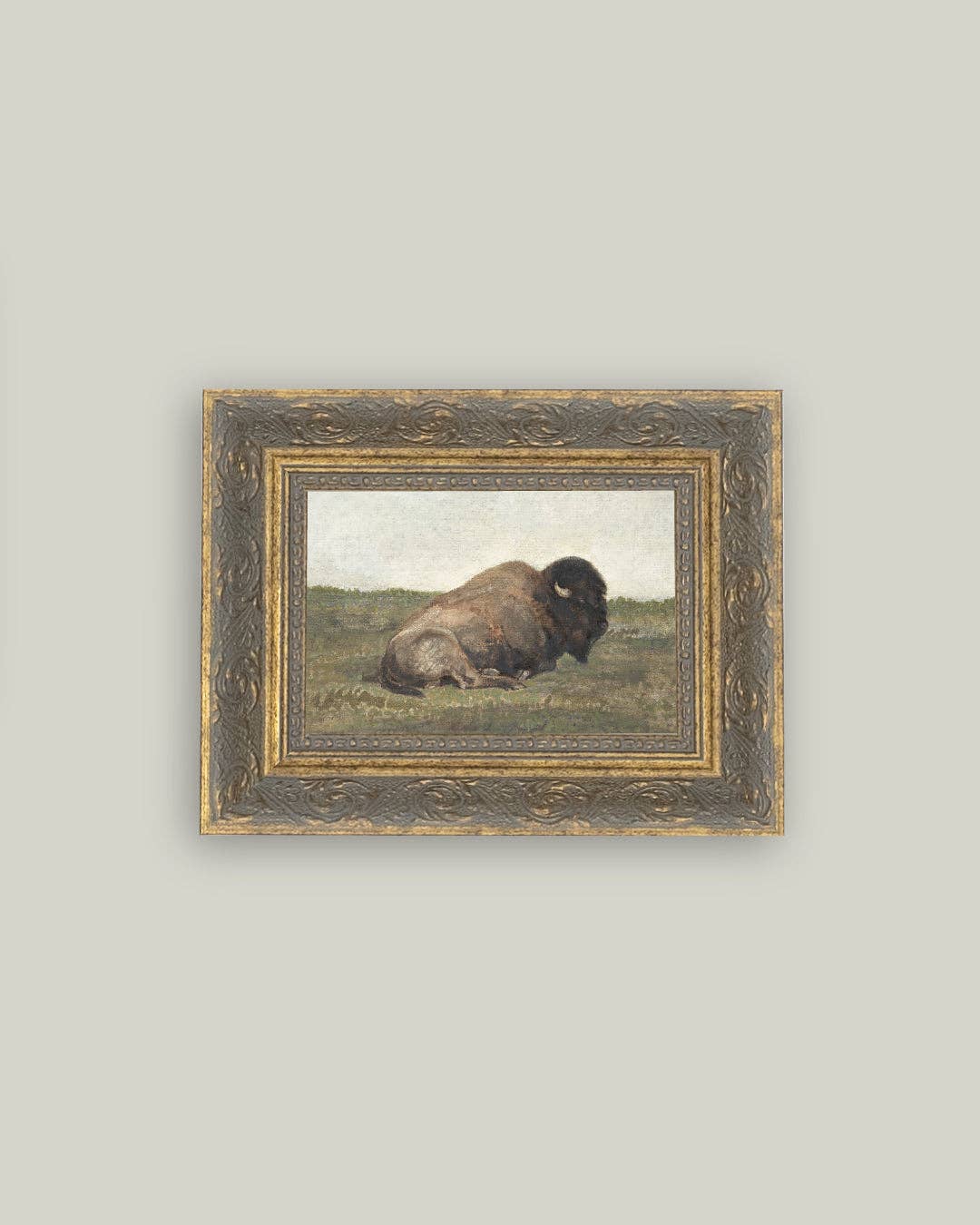 Resting Bison Framed Antique Art