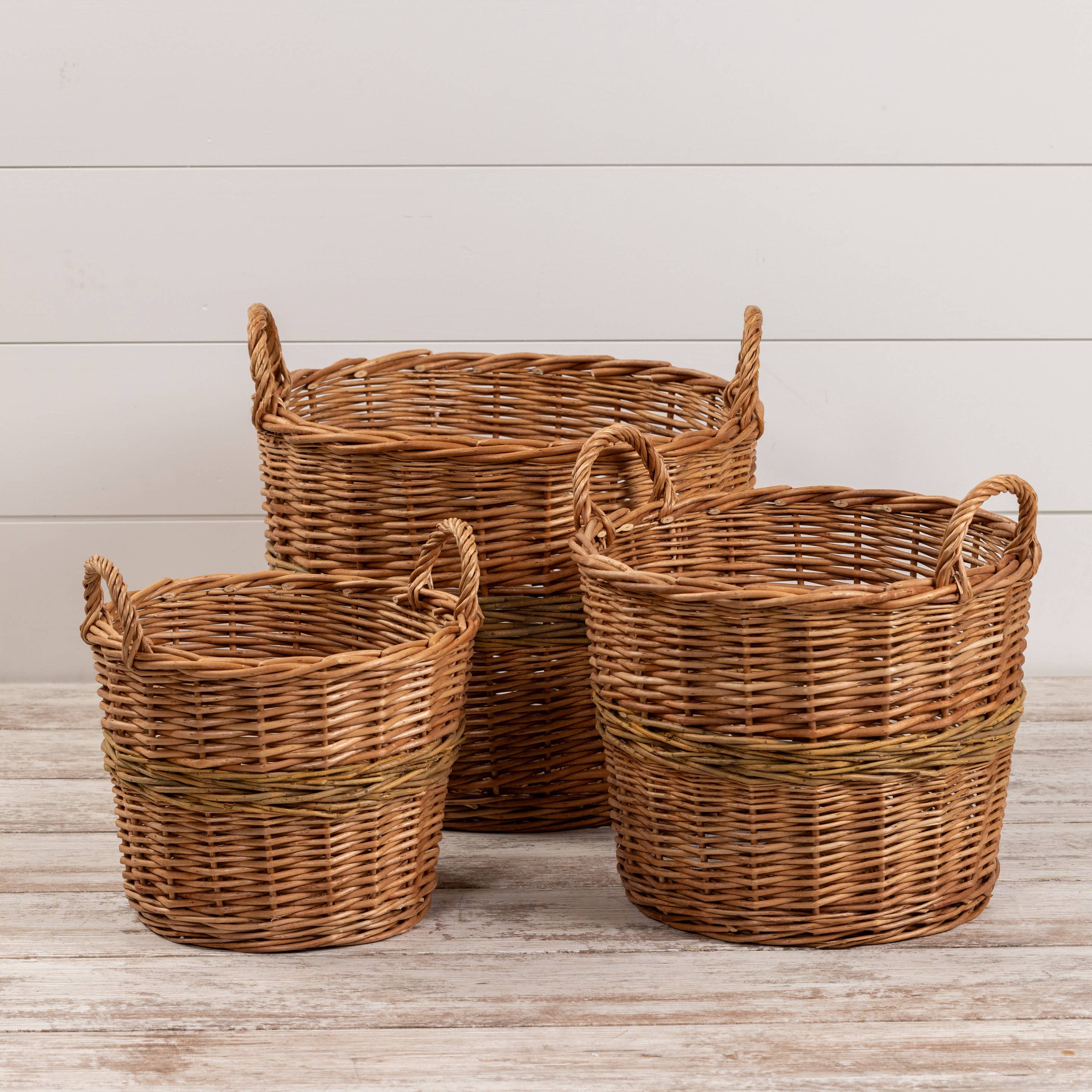 SET/ 3 WOVEN BASKETS W/ GREEN STRIPE