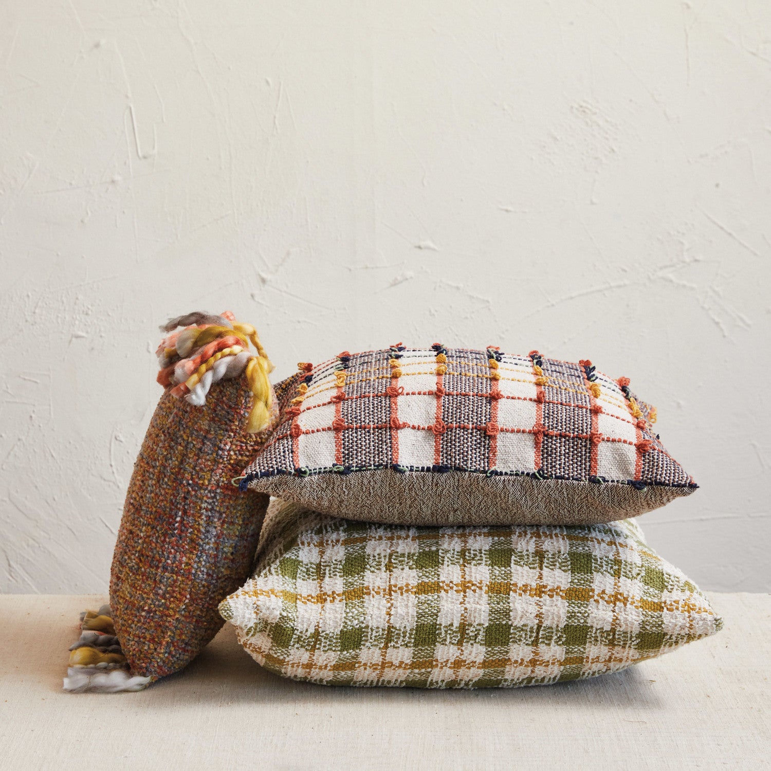 Green Plaid Woven Cotton Pillow