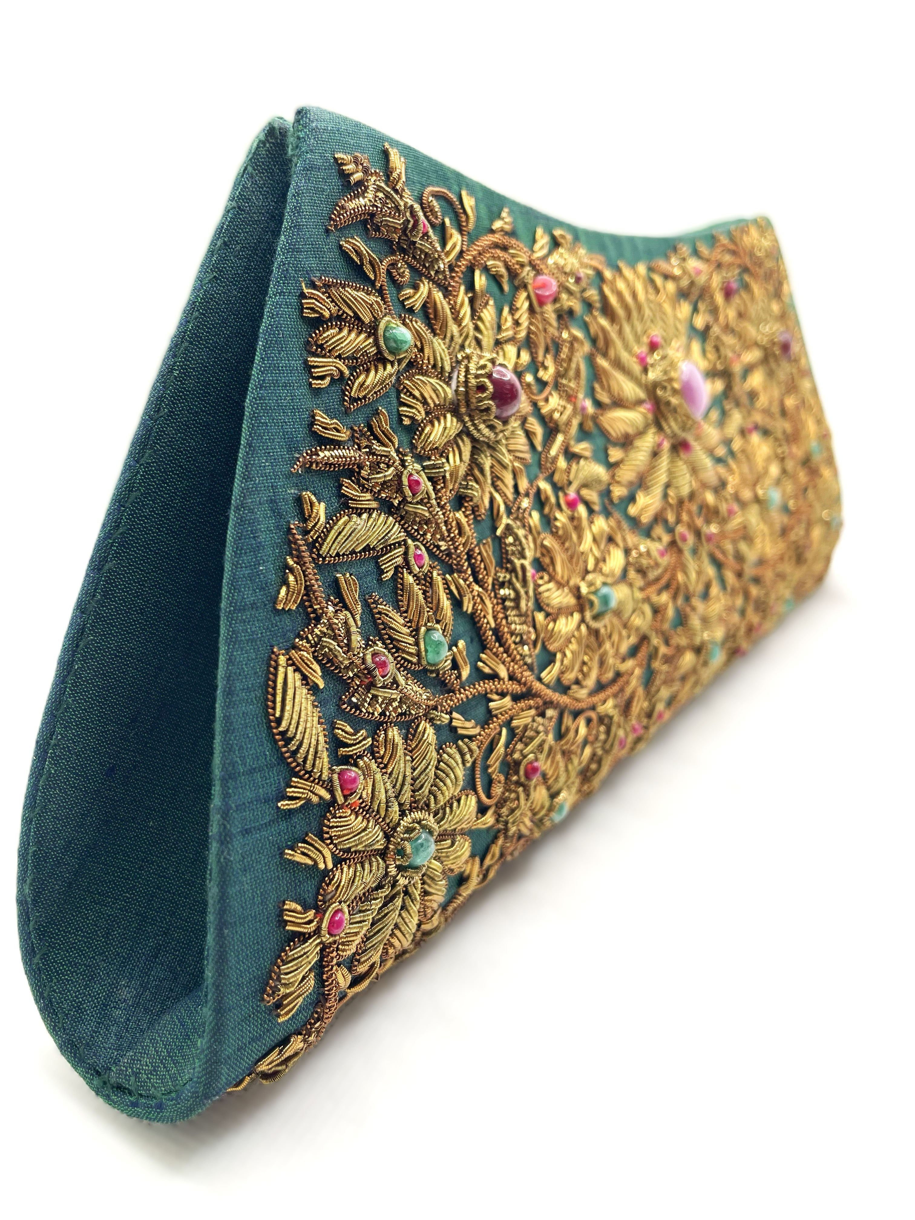 Hunter Green Silk Boat Clutch