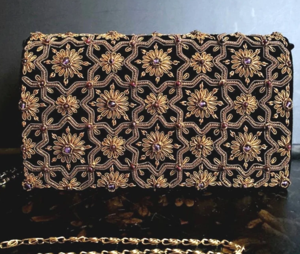 Black Silk Antique Gold Clutch