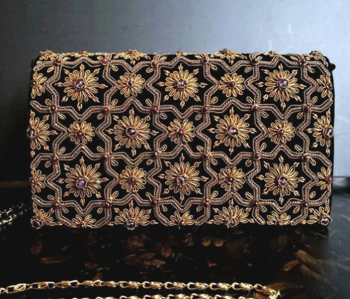 Black Velvet Antique Gold Clutch