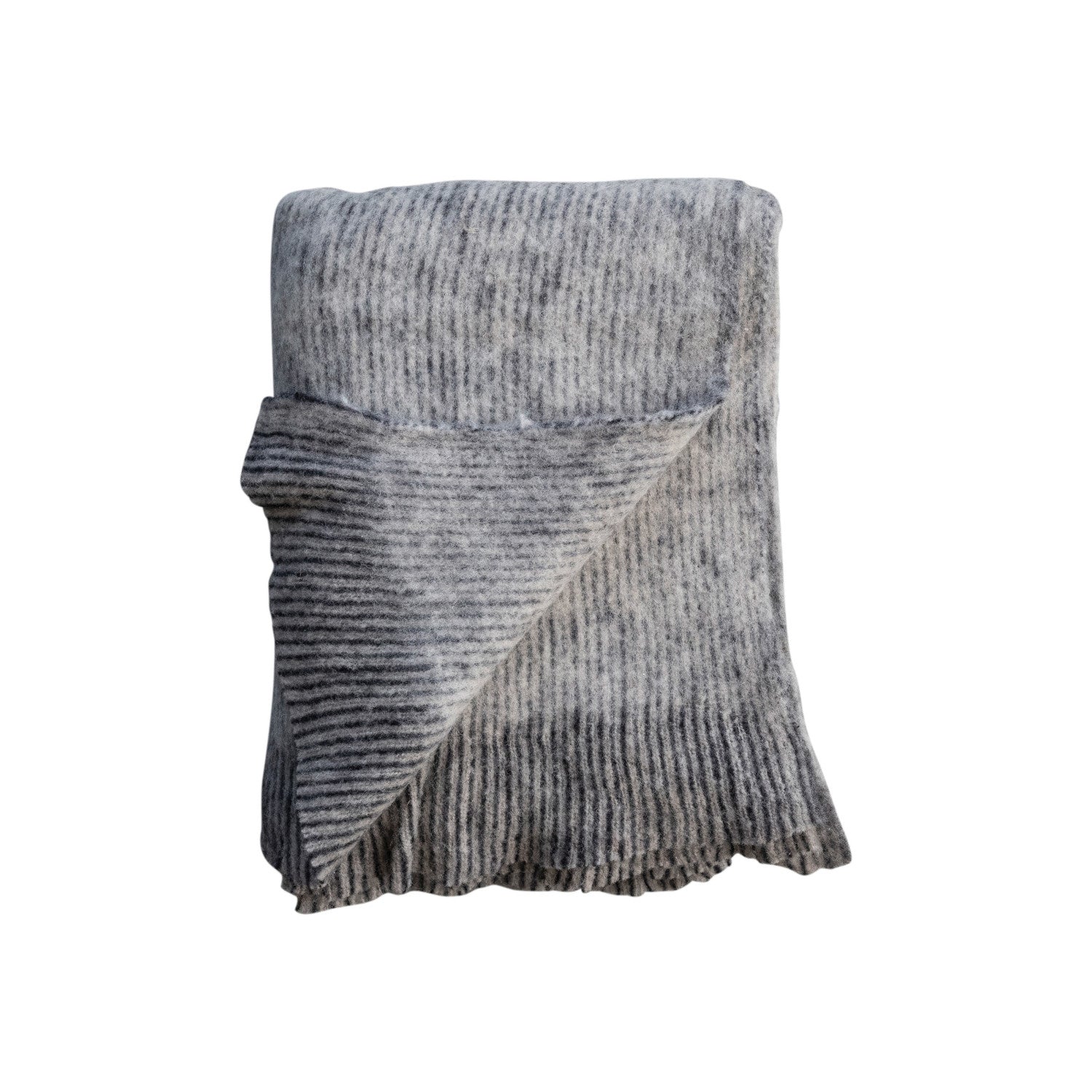 Brushed New Zealand Wool Striped Throw w/ Ruffled Edge, Grey