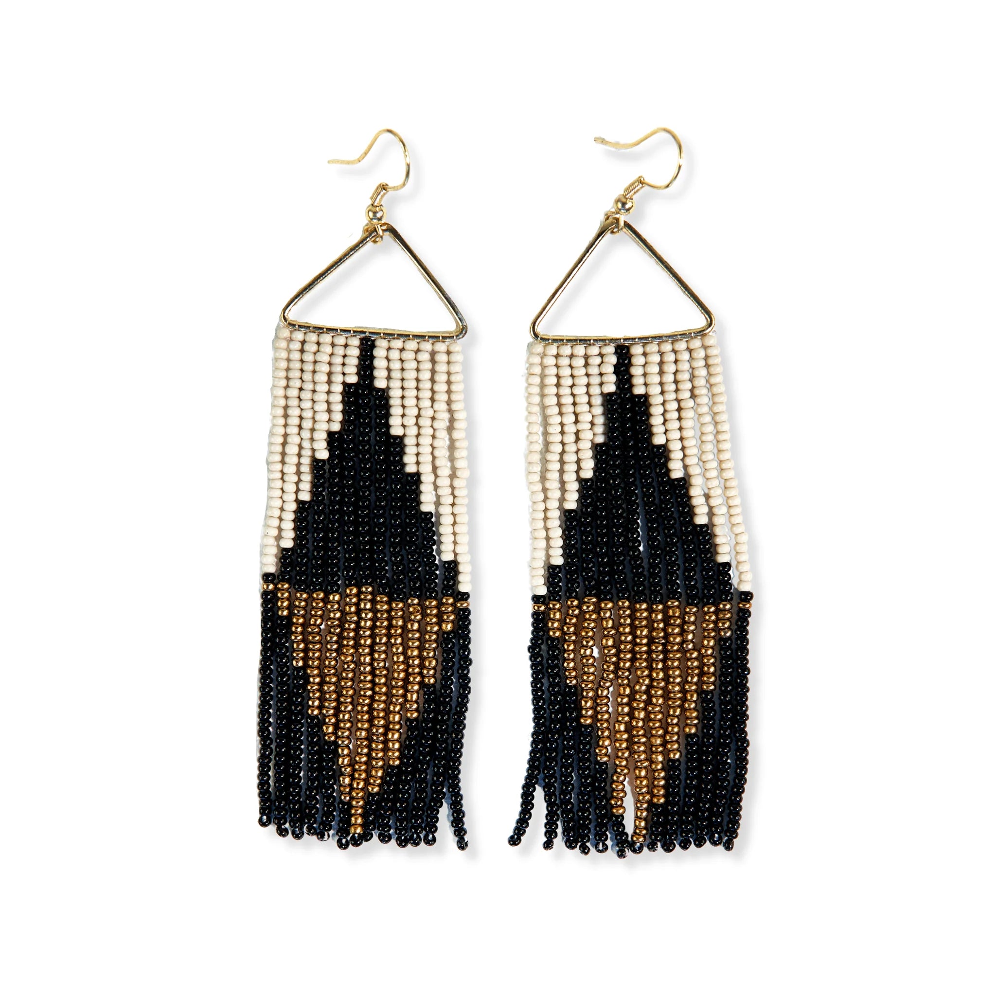 Lana Rectangle Beaded Fringe Earrings Ivory/gold