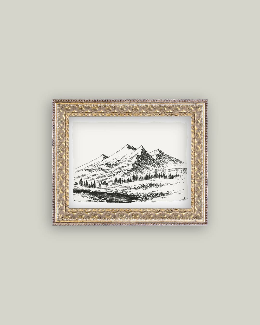 Pencil Sketch Mountains Framed Antique Art