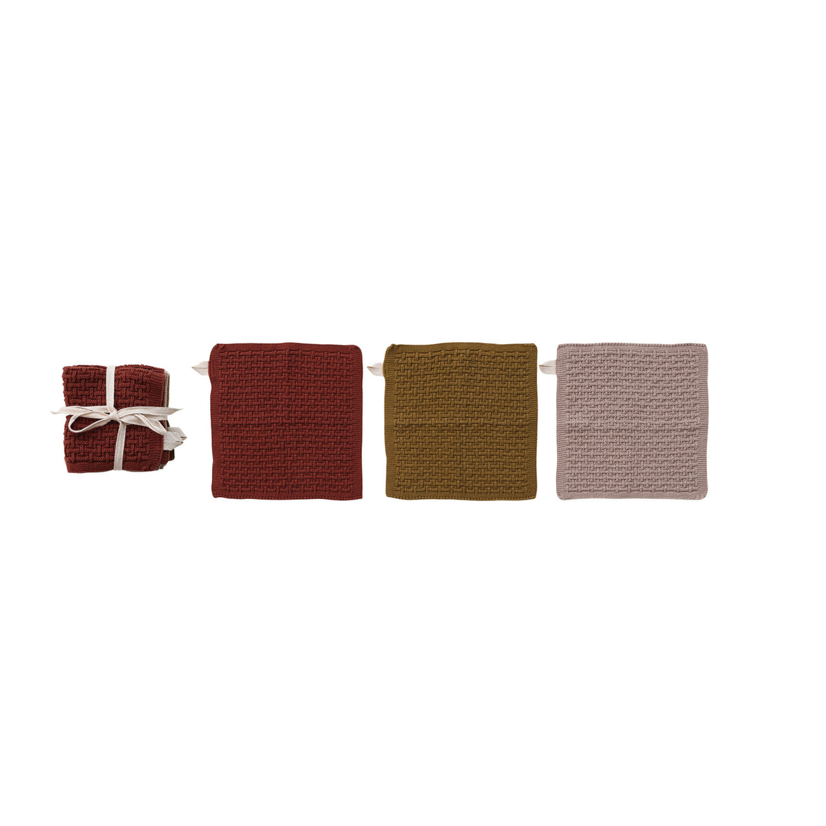 Cotton Knit Dish Cloths, Set of 3 Tied with Cotton Tape