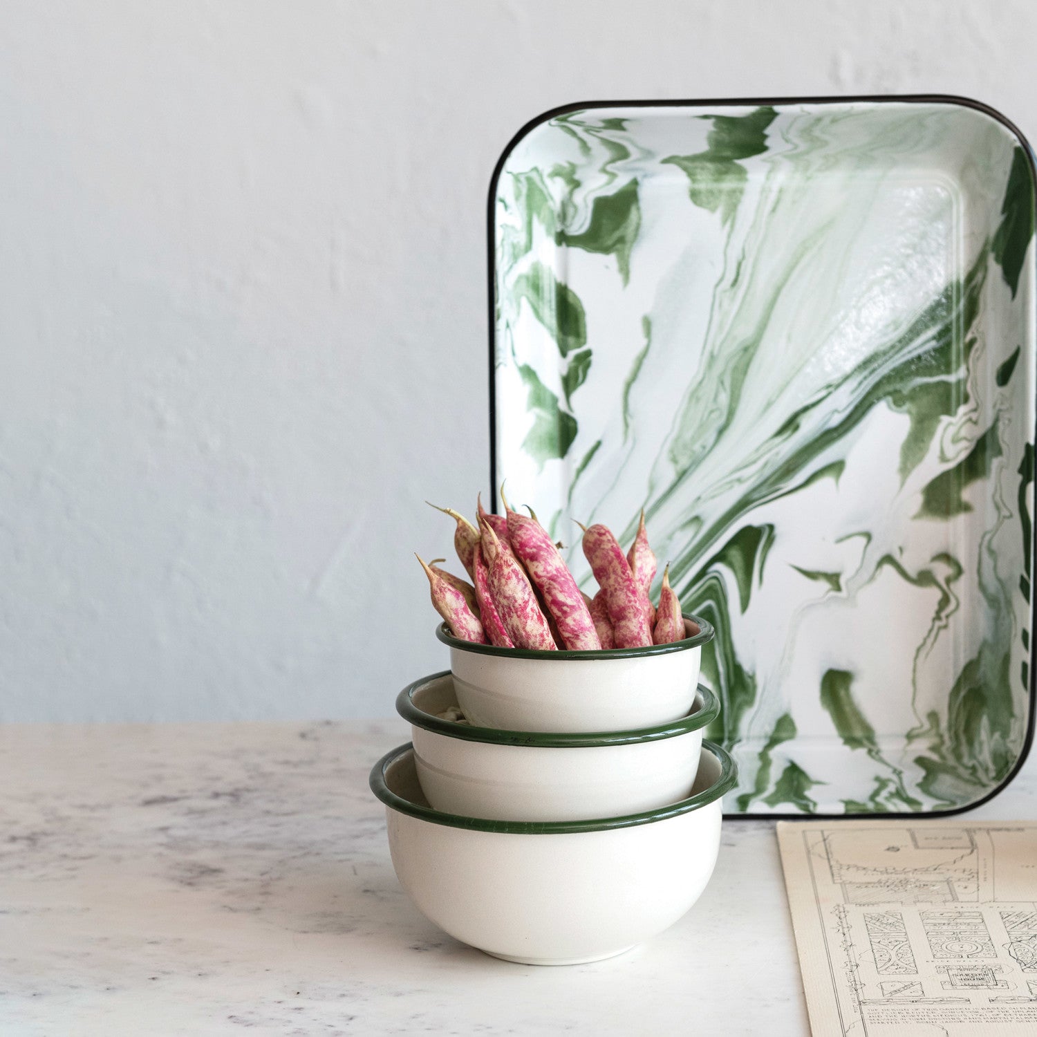 Green and White Enameled Bowl Set (3)