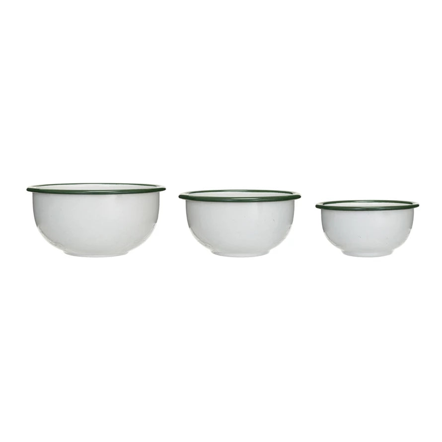 Green and White Enameled Bowl Set (3)