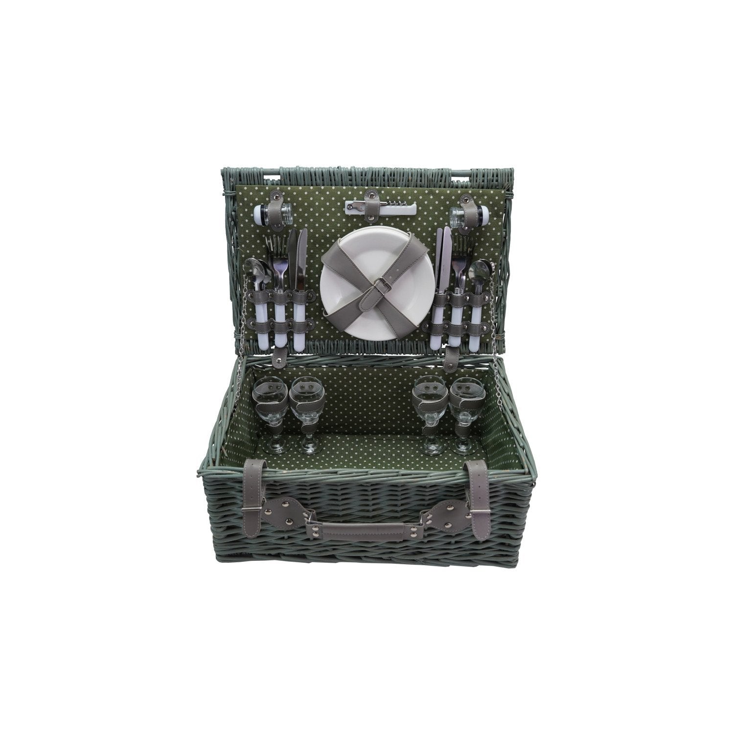 Picnic Basket for 4, Set of 24 (Plates, Glasses, Cutlery, Bottle Opener & Shakers)