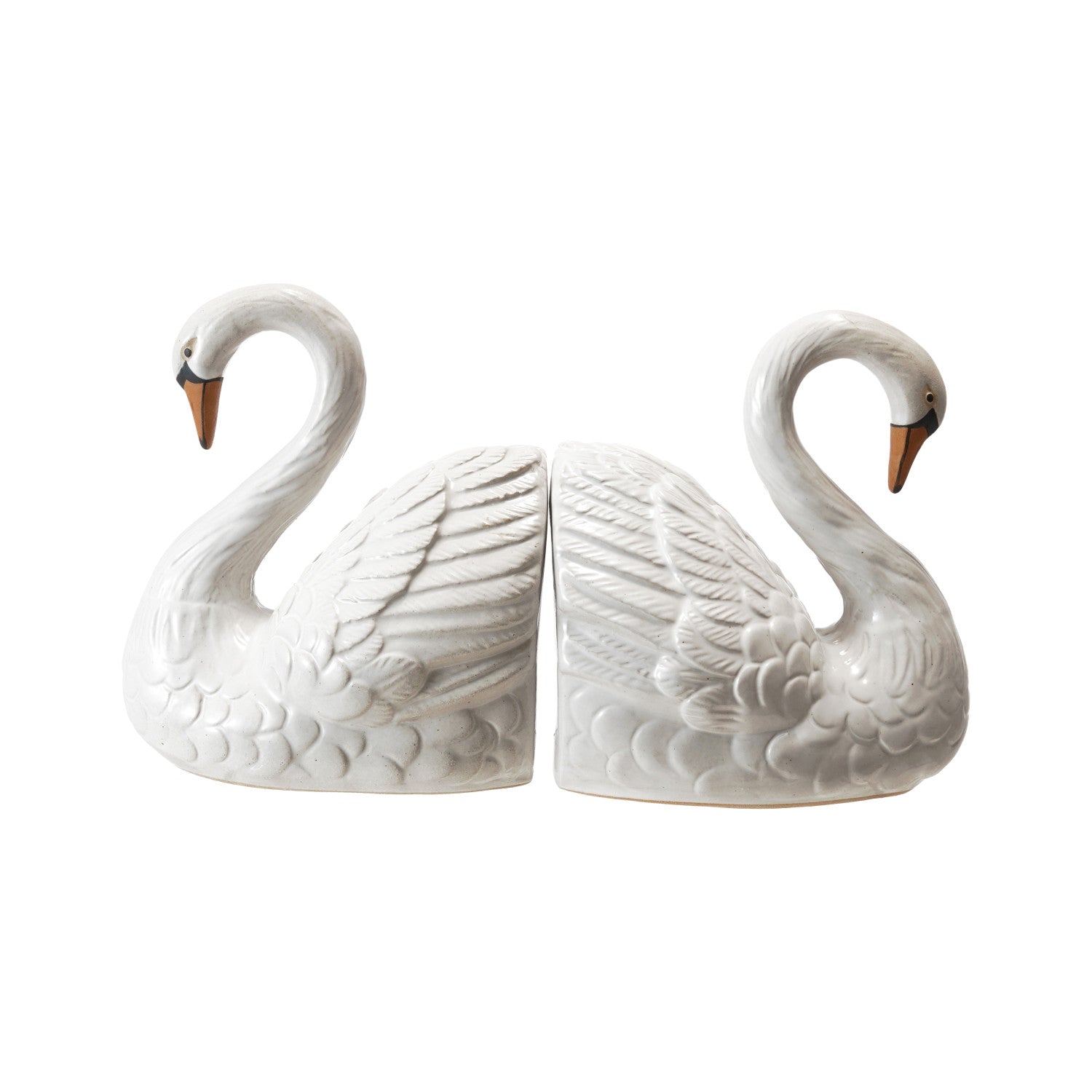 Stoneware Swan Shaped Bookends, White, Orange Color & Black, Set of 2
