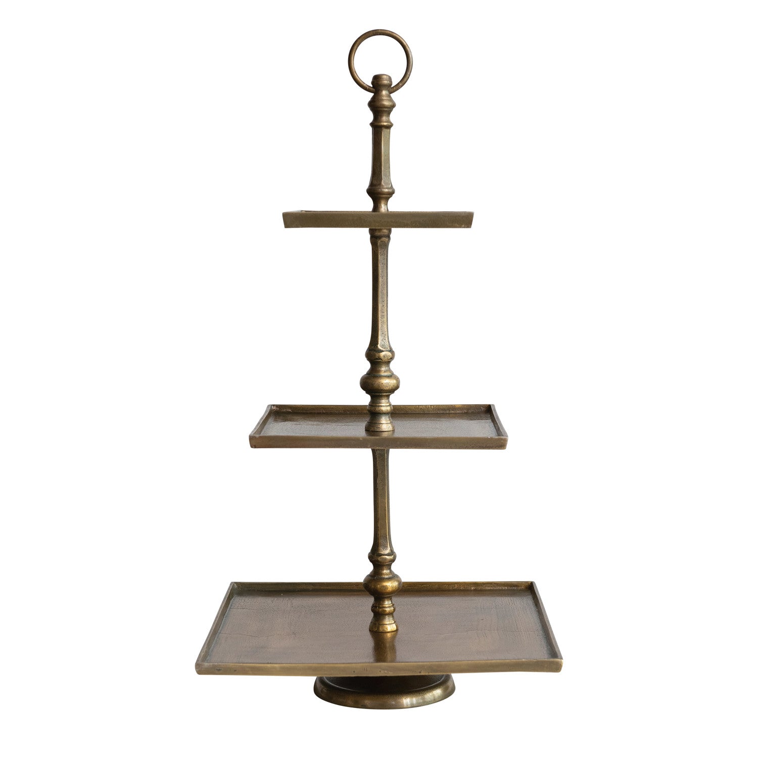 Decorative Cast Aluminum 3-Tier Tray w/ Handle, Antique Brass Finish