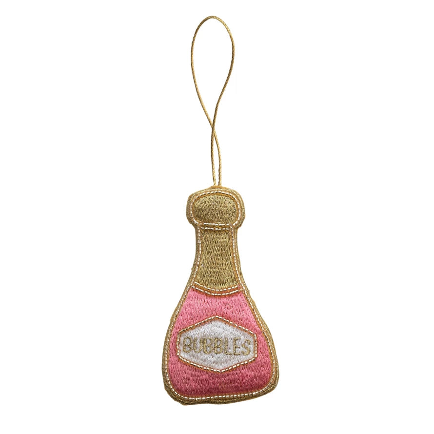 Fabric Champagne Bottle Ornament w/ Embroidery & Beads "Bubbles"