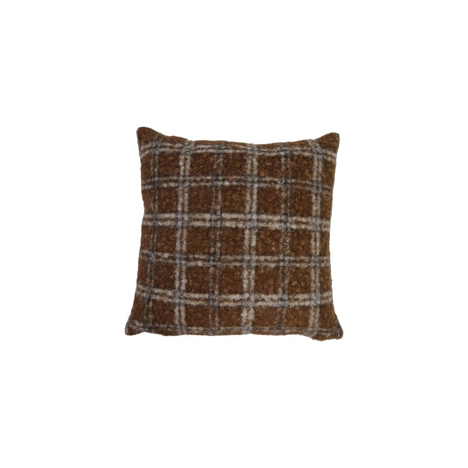 18" Square Fabric Faux Sherpa Pillow, Brown & Black Plaid