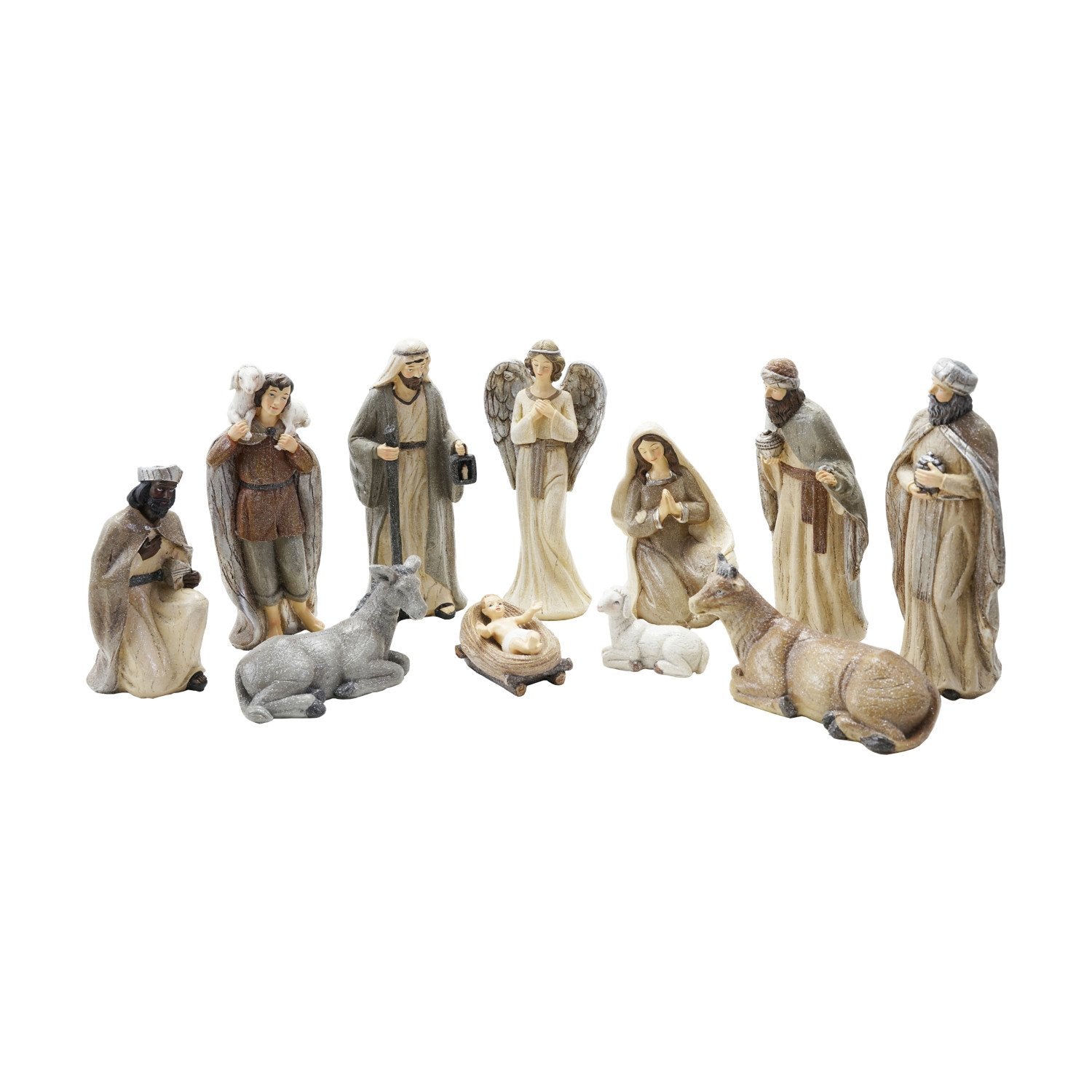 2"H - 8"H Resin Nativity with Glitter, Multi Color, Set of 11