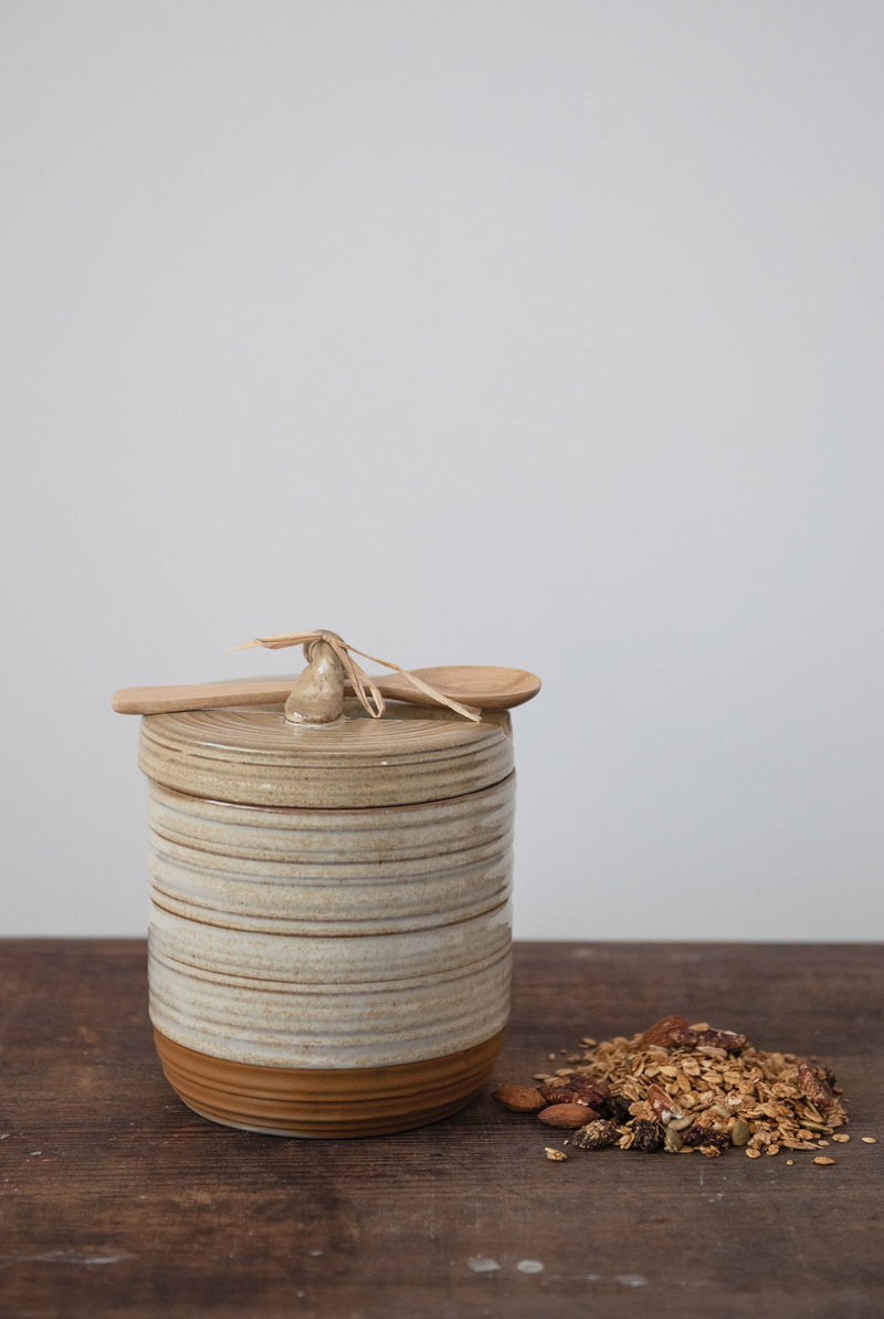 Stoneware Jar with Lid and Wood Spoon